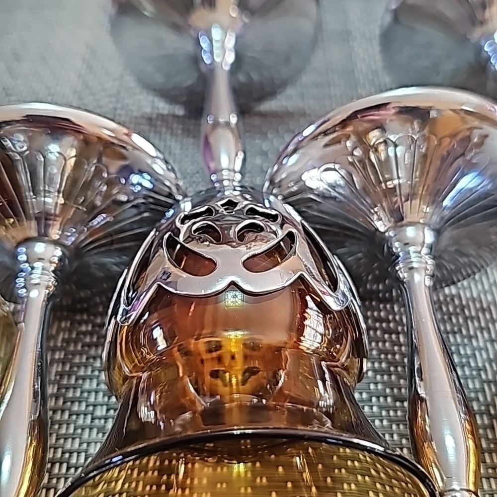 Vintage Farber Brothers Amber Silver Stems Glassware 6 Cordial Sherry Glasses - Picture 9 of 10